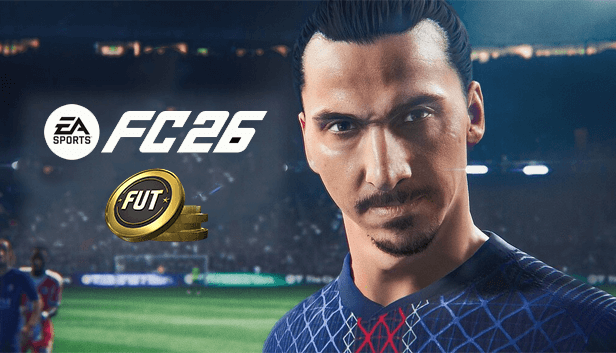 Zlatan Ibrahimovic style jeux vidéo avec le logo FC 26 et les pièces virtuelles FUT
