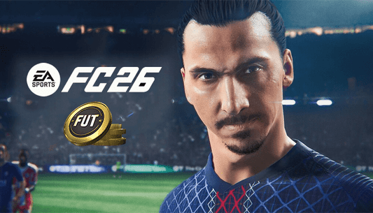 Zlatan Ibrahimovic style jeux vidéo avec le logo FC 26 et les pièces virtuelles FUT