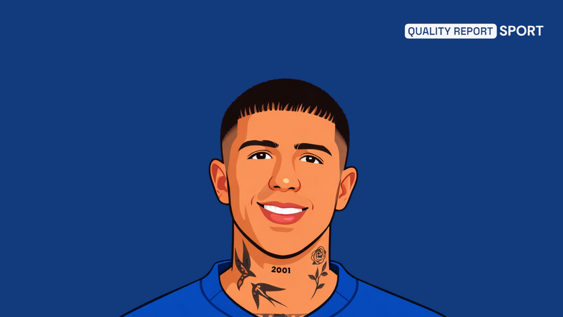 Enzo Fernandez style cartoon Quality Report Football 
