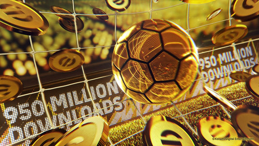 Efootball coins d'orés avec au milieu un ballon en or en arrière plan des sommes de chiffres d'affaires affichées 