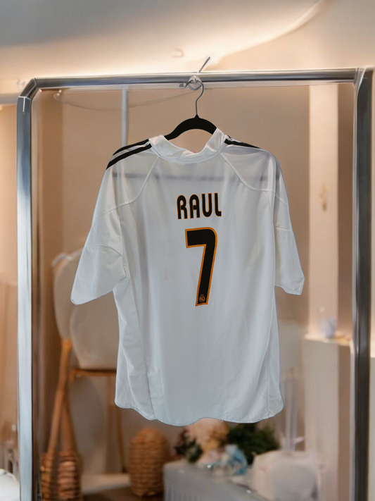 MAILLOT DOMICILE ⚪🟣REAL MADRID 2003/2004 FLOQUÉ Raul GONZALEZ #7 ÈRE GALACTIQUE