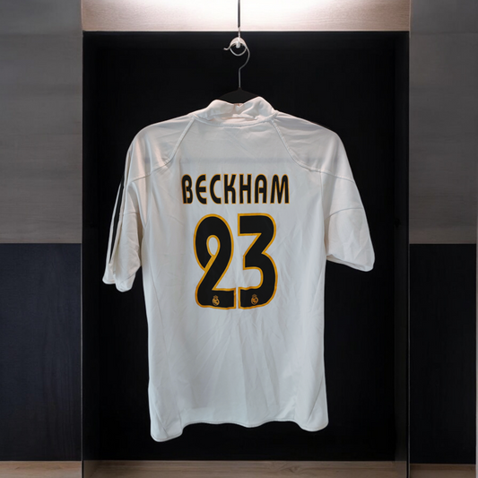 MAILLOT DOMICILE REAL MADRID 2004/2005 ⚪🟣 FLOQUÉ David BECKHAM NUMERO #23 ÈRE GALACTIQUE